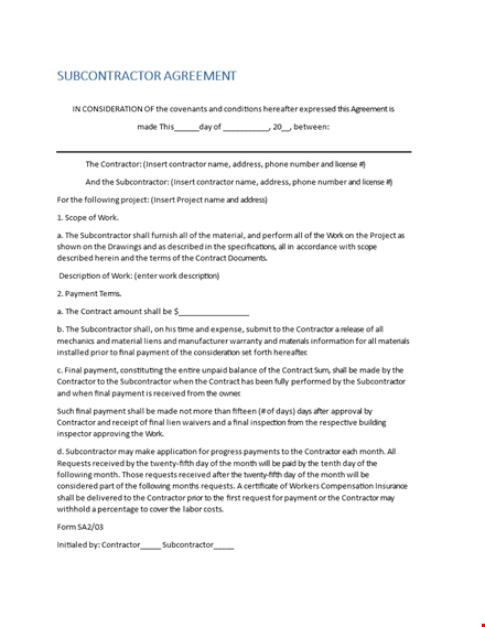 subcontractor agreement | payment terms & contracts template