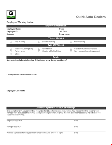 employee warning notice - prompt action by manager for employee violation template