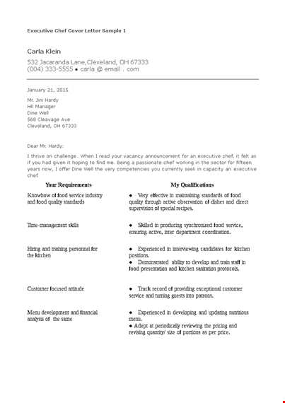 executive chef resume cover letter template