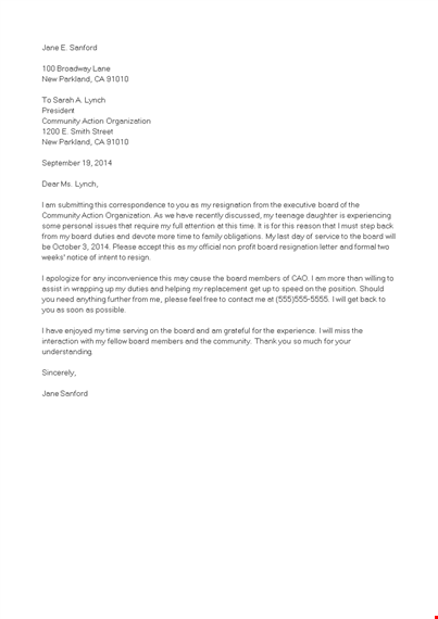 volunteer organization resignation letter template