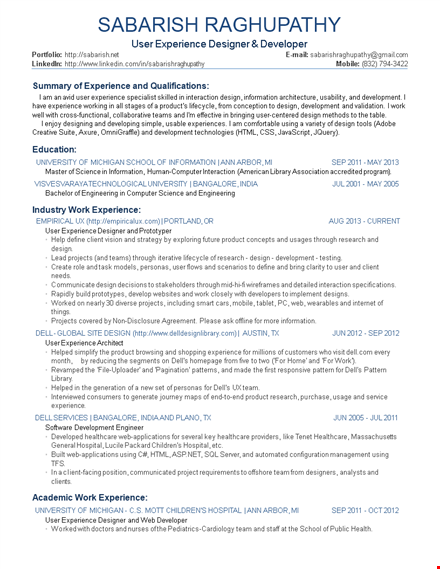 ux designer resume: university experience & design information template