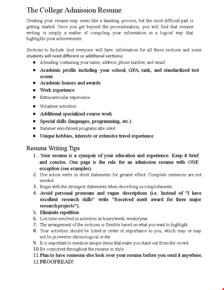 college admission blank resume template