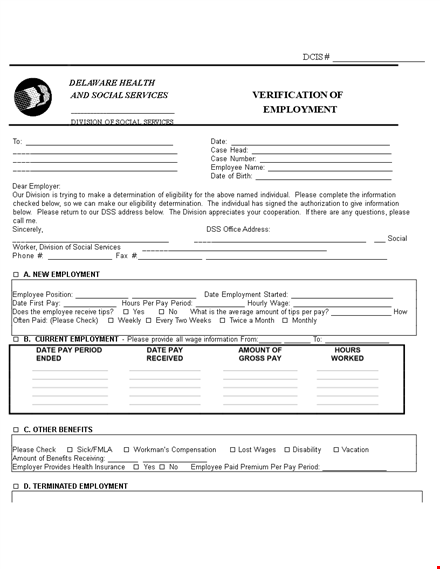 employment verification form for social service template