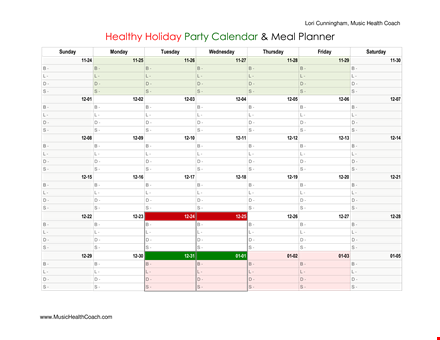 healthy meal calendar template