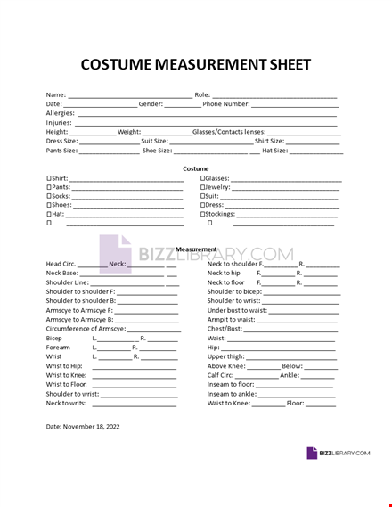 costume measurement sheet template