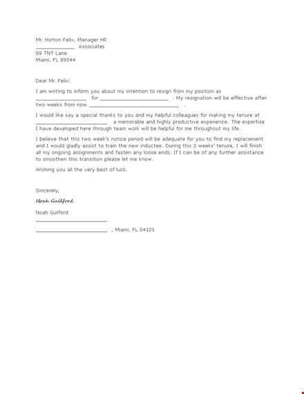 resign with two weeks notice template