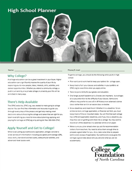 high school planner for college admissions: requirements and colleges template