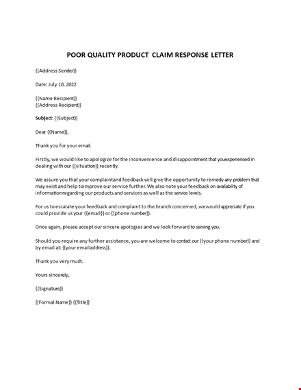complaint response letter poor quality template