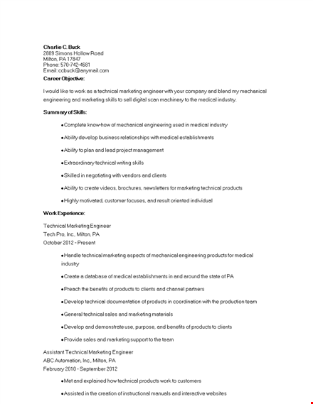technical marketing engineer resume template
