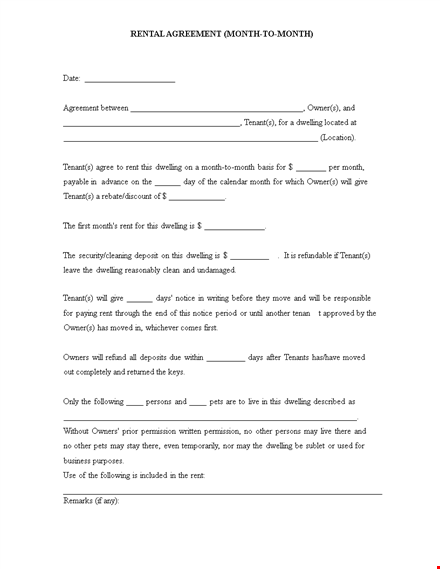 rent agreement form | month to month | owner & tenant | dwelling template
