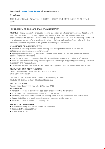 preschool assistant teacher resume with no experience template