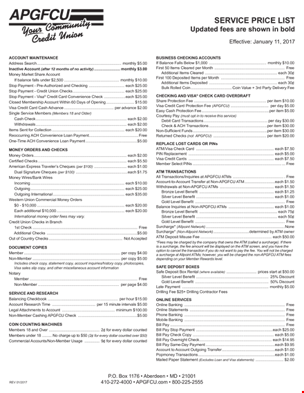 service price list template