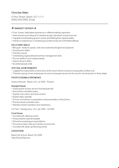 expertly crafted professional resume for banquet servers template