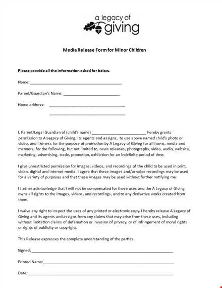 minor media release form template template