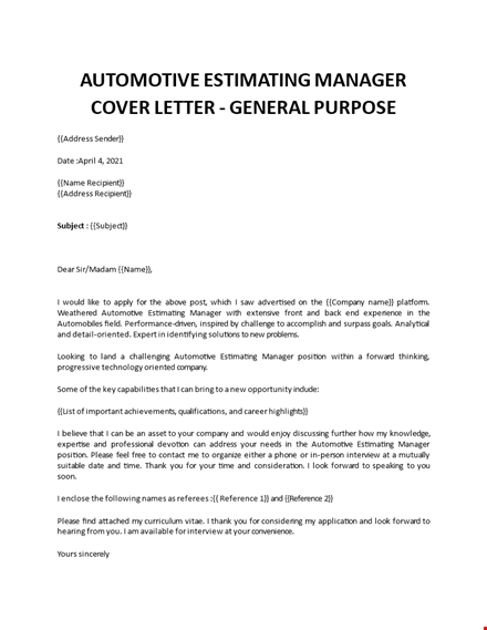 automotive estimating manager cover letter template