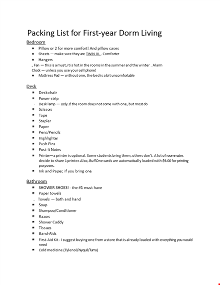 dorm room packing checklist template