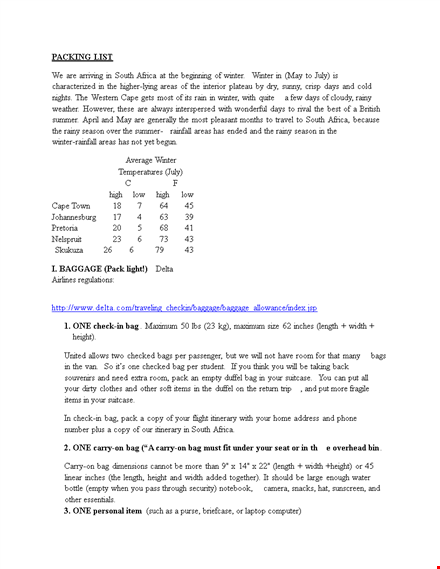 packing list template for south africa - free printable template template