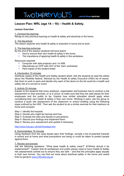 health and safety lesson plan template