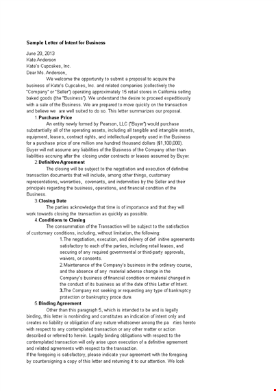 sample business letter of intent template