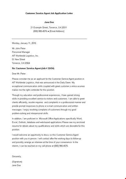 customer service agent job application letter template