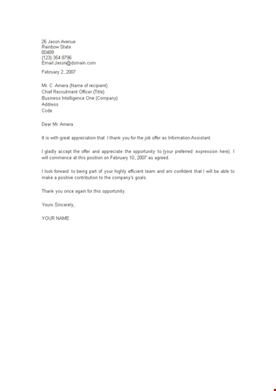 thanks letter for appointment order template