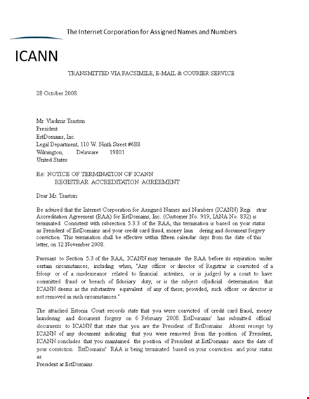 official notice of termination letter - president, registrar, icann | estdomains template