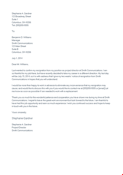 resignation letter to boss - maintain effective communications with stephanie gardner - by smith template