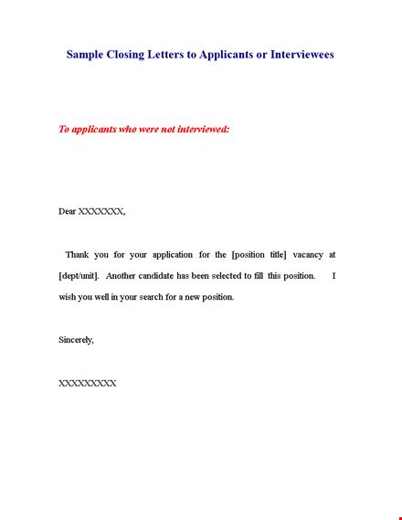 sample rejection letter for applicants closing position template