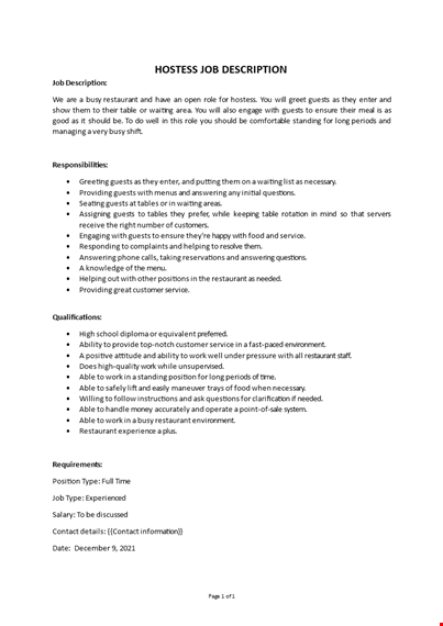 hostess job description template