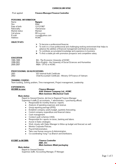 finance manager resume doc template