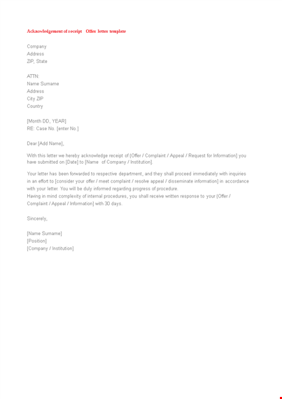 offer receipt acknowledgement letter template template