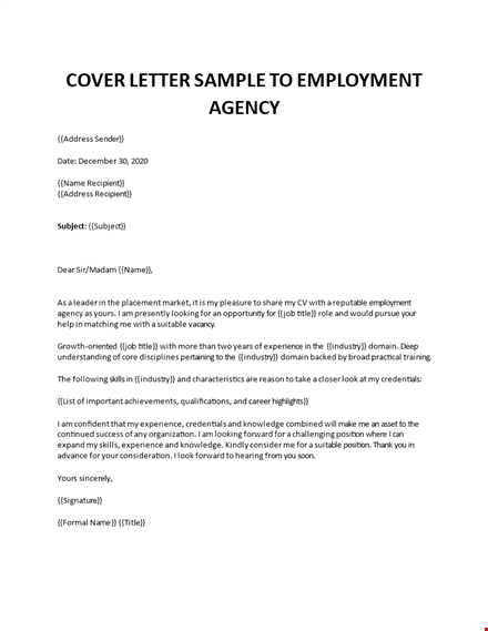 cover letter sample to an employment agency template