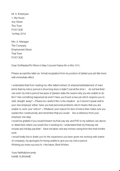 employee immediate resignation letter template