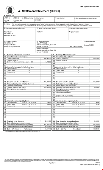 mortgage settlement statement example template