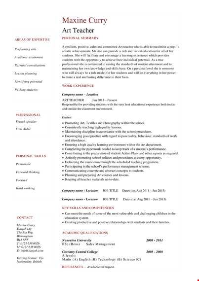 elementary art teacher resume - inspiring students and nurturing their artistic talents template