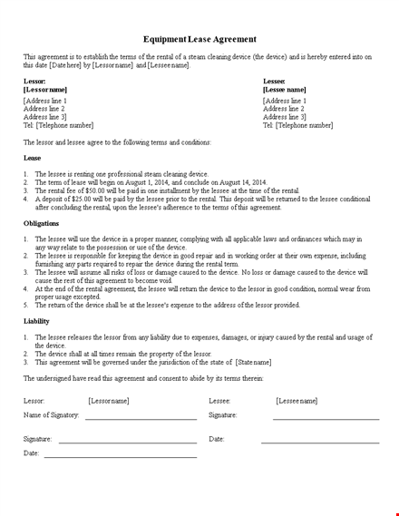 equipment lease agreement sample template template