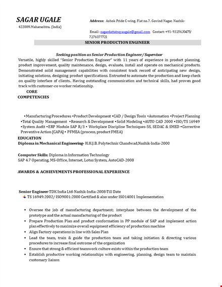 experienced production engineering resume - product design engineer in india template