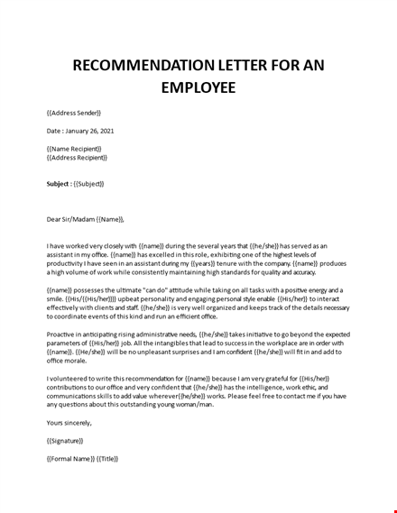 recommendation letter for an employee template