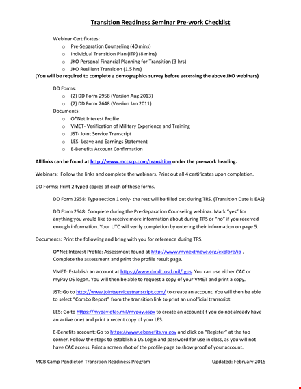 transition readiness seminar pre work checklist template