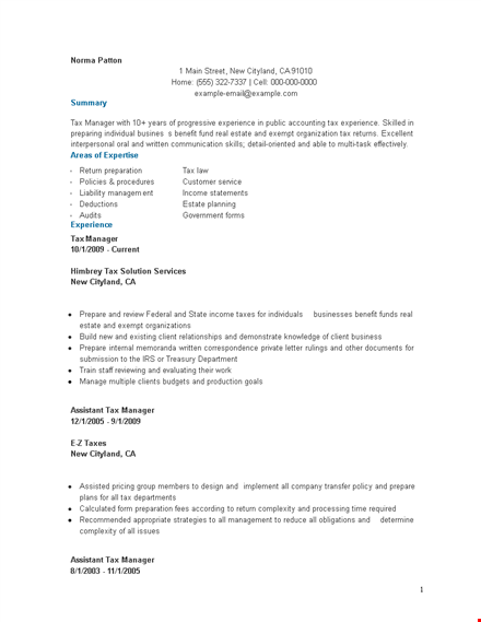 resume format for taxation manager template