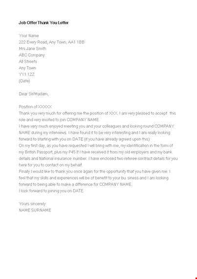 new job offer thank you letter template template