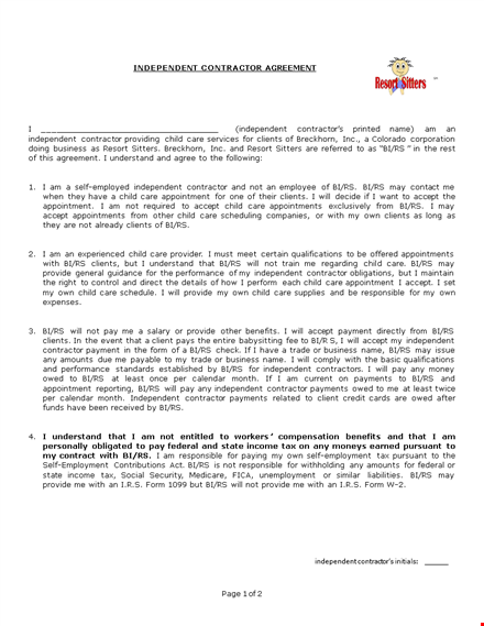 daycare independent contract agreement template