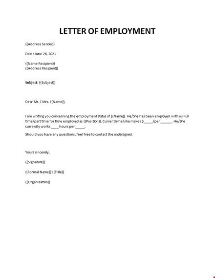 letter of employment template template
