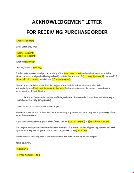 acknowledgement letter for purchase order template