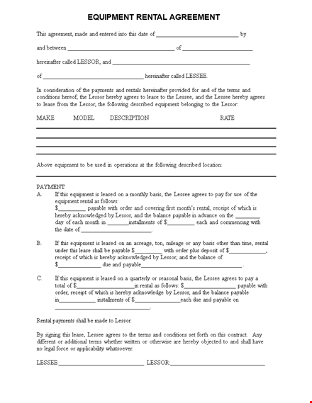 equipment lease agreement - rent equipment from lessor, payable by lessee template