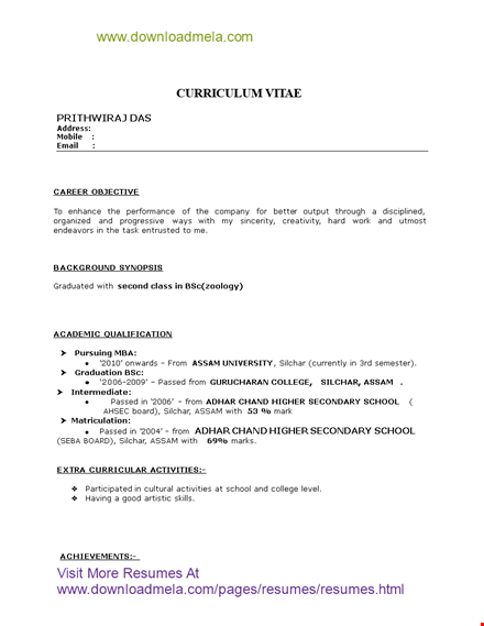 fresher mba hr resume template