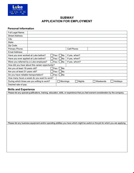 printable subway application | employment information for subway applicants template