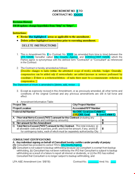 federal contract amendment template for consultants template