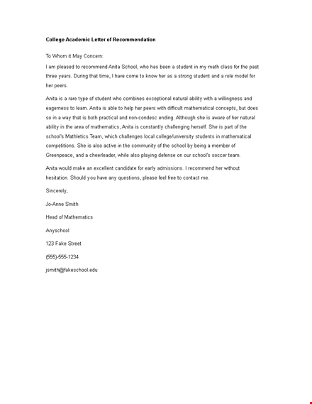 college academic letter of recommendation template