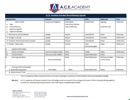 standard board meeting agenda template template
